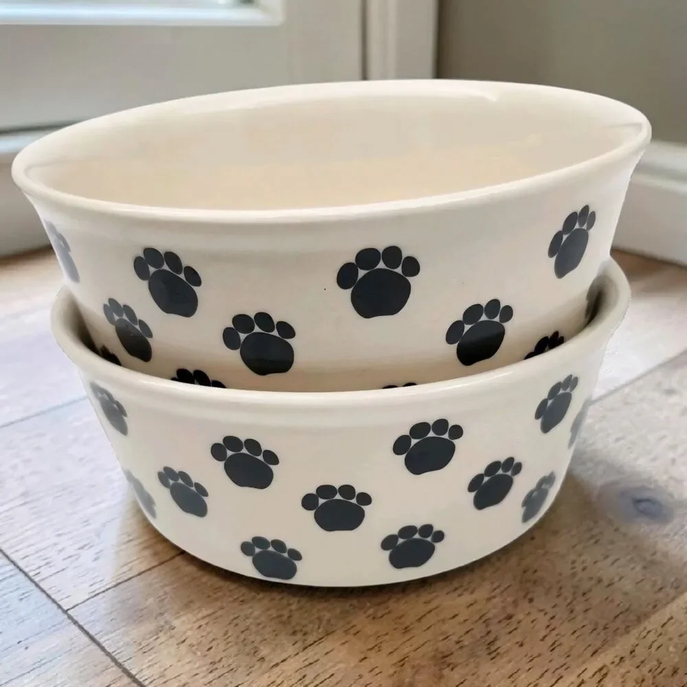 Fidos Diner Set of 2 Dog Dishes Stoneware Food Or Water Bowls Beige Paw Prints